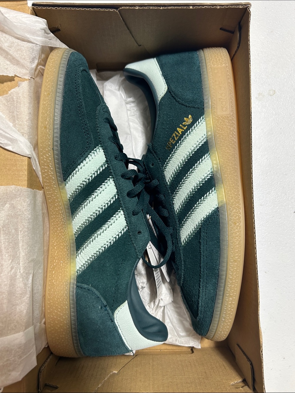 adidas Dark Green Suede Sneakers with Mint Stripes and Gum Sole